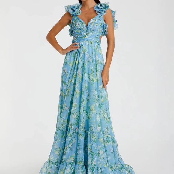 Mac Duggal Blue Ruffle Tiered Floral Cut-Out Chiffon Maxi Gown 67803 NWT - Picture 3 of 12